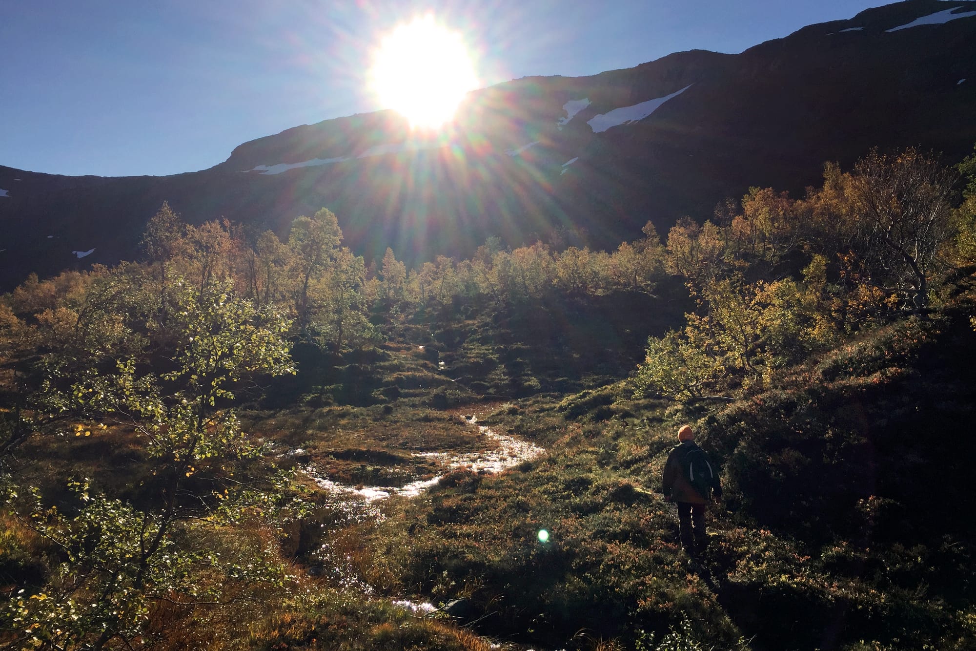 Solen skinner gjennom høstfargede trær, og en liten bekk slynger seg nedover en frodig dal. En turgåer skimtes i forgrunnen.
