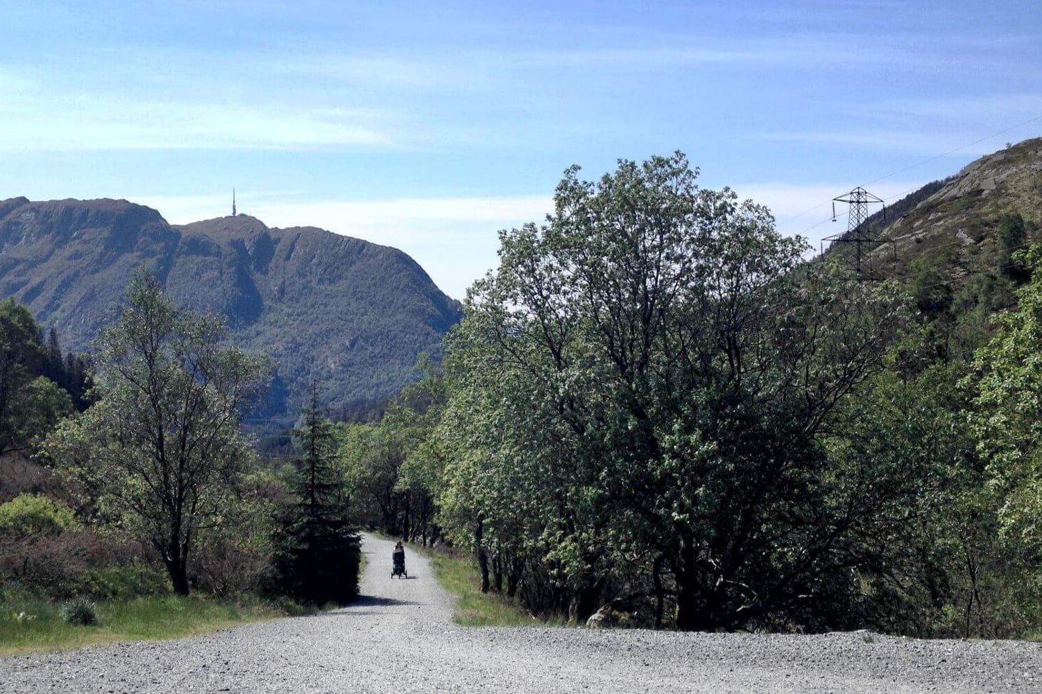 En grusvei som slynger seg gjennom trær, med en person og barnevogn i det fjerne. Fjell i bakgrunnen under blå himmel.